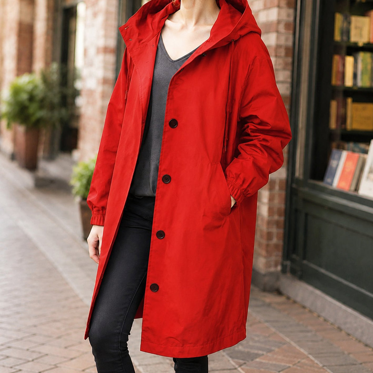 Women's Relaxed-Fit Hooded Overcoat Button-Front Knee-Length - Red