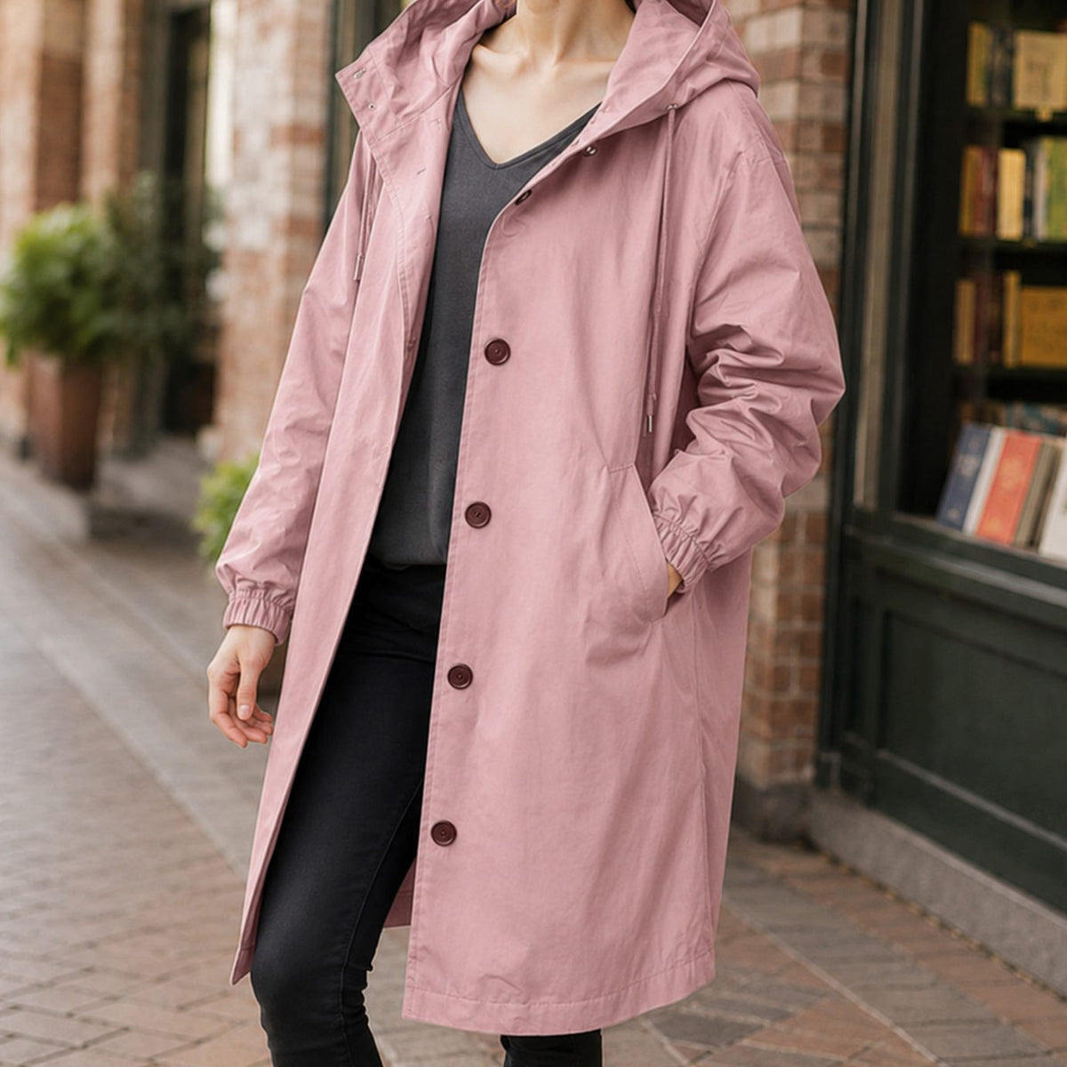 Women's Relaxed-Fit Hooded Overcoat Button-Front Knee-Length - Pink
