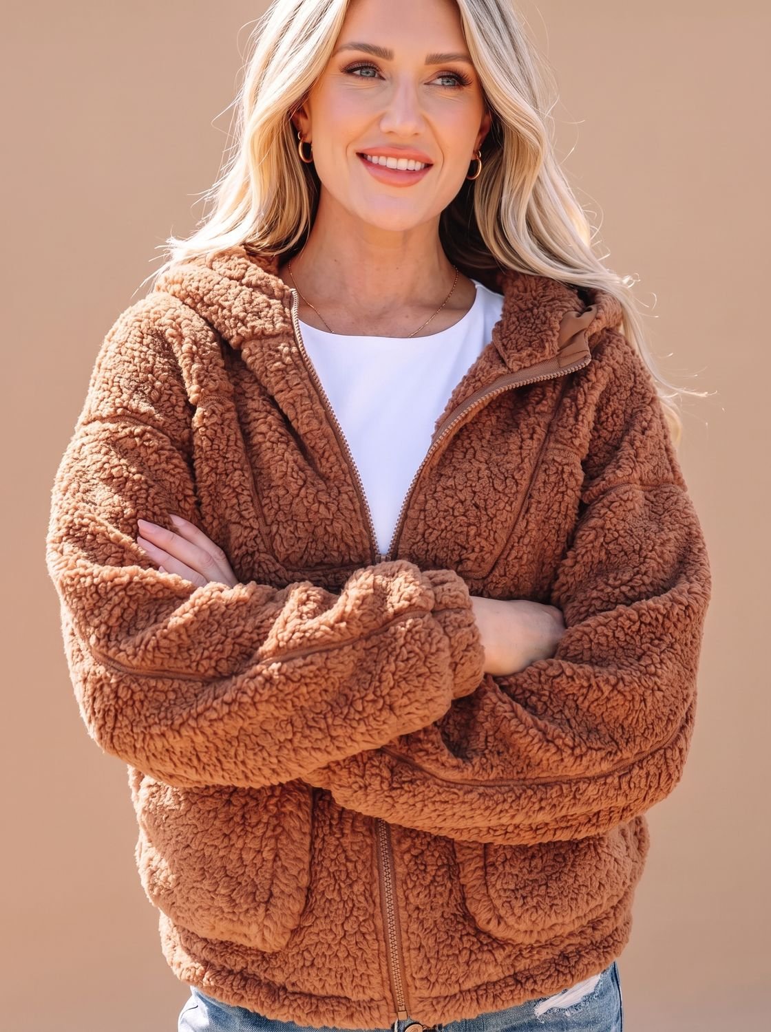 Women's Relaxed-Fit Hooded Teddy Zip Up Jacket