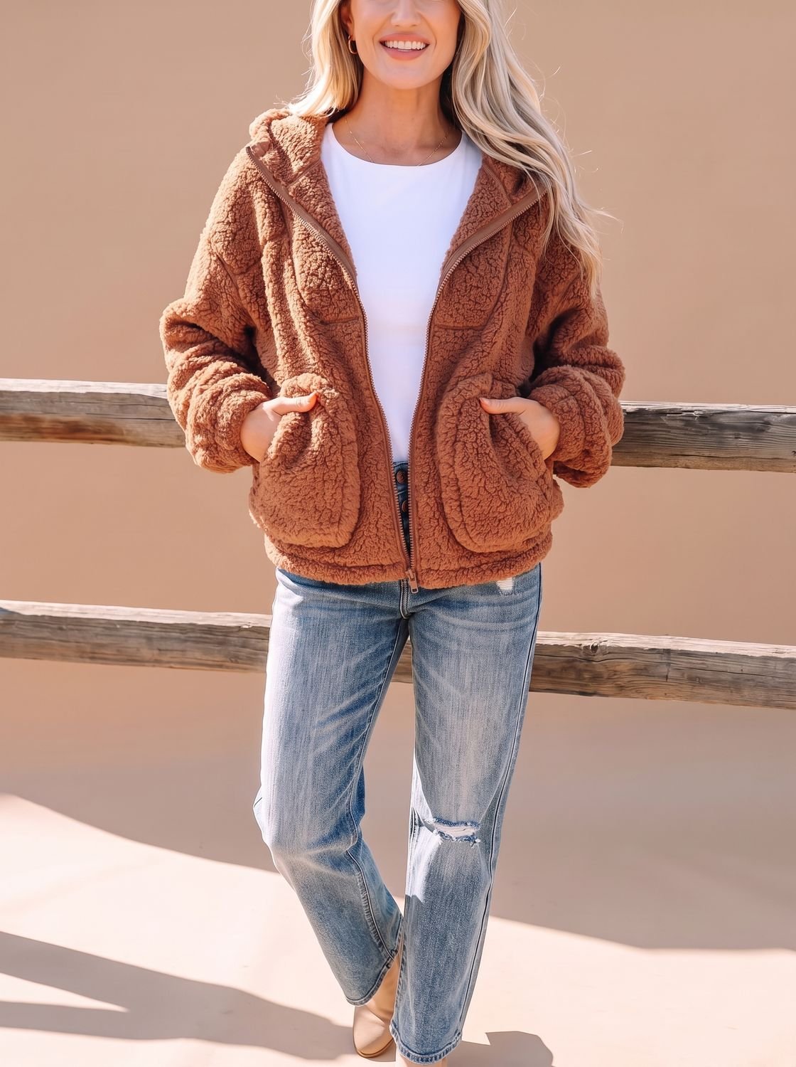 Women's Relaxed-Fit Hooded Teddy Zip Up Jacket