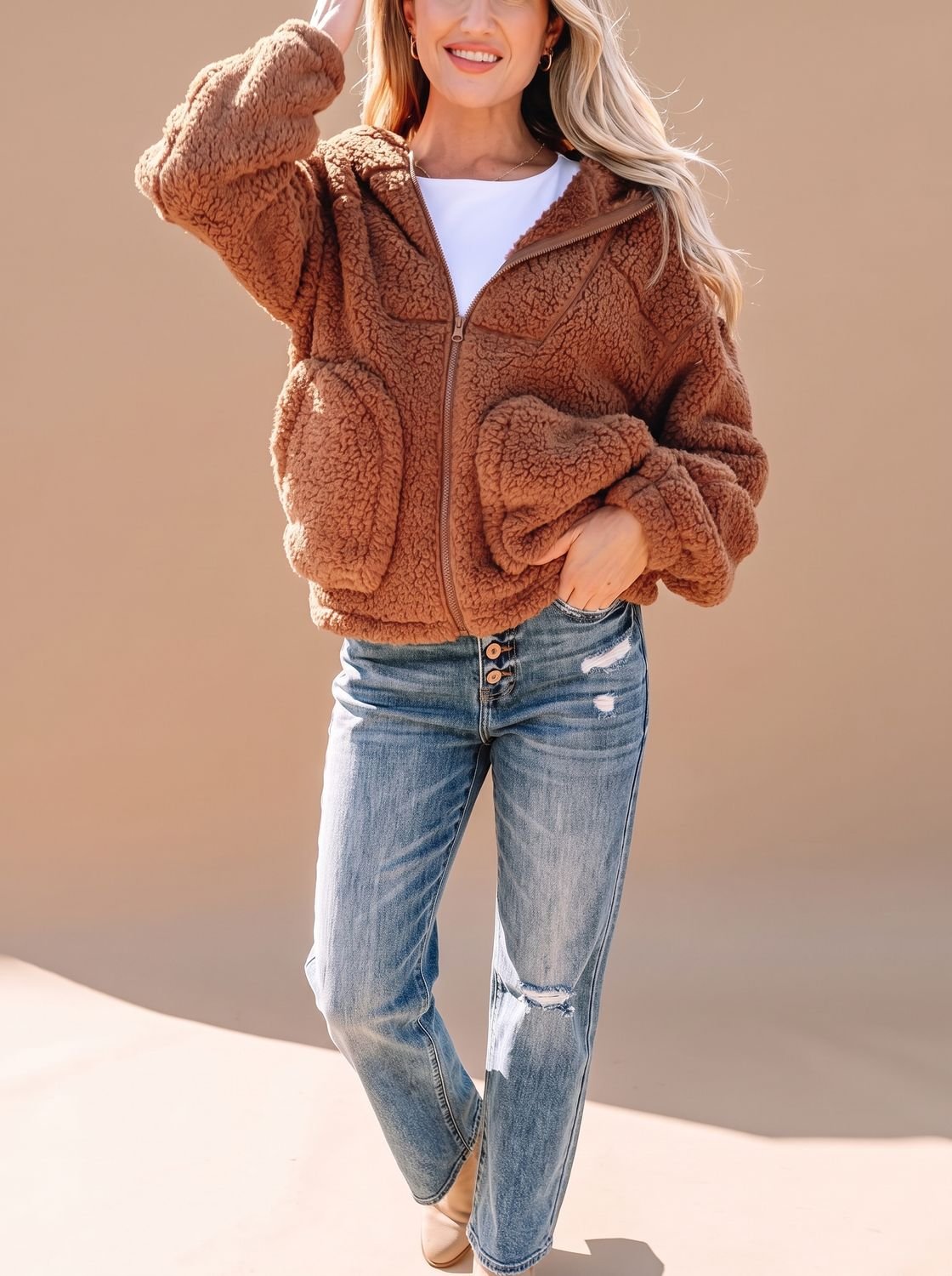 Women's Relaxed-Fit Hooded Teddy Zip Up Jacket
