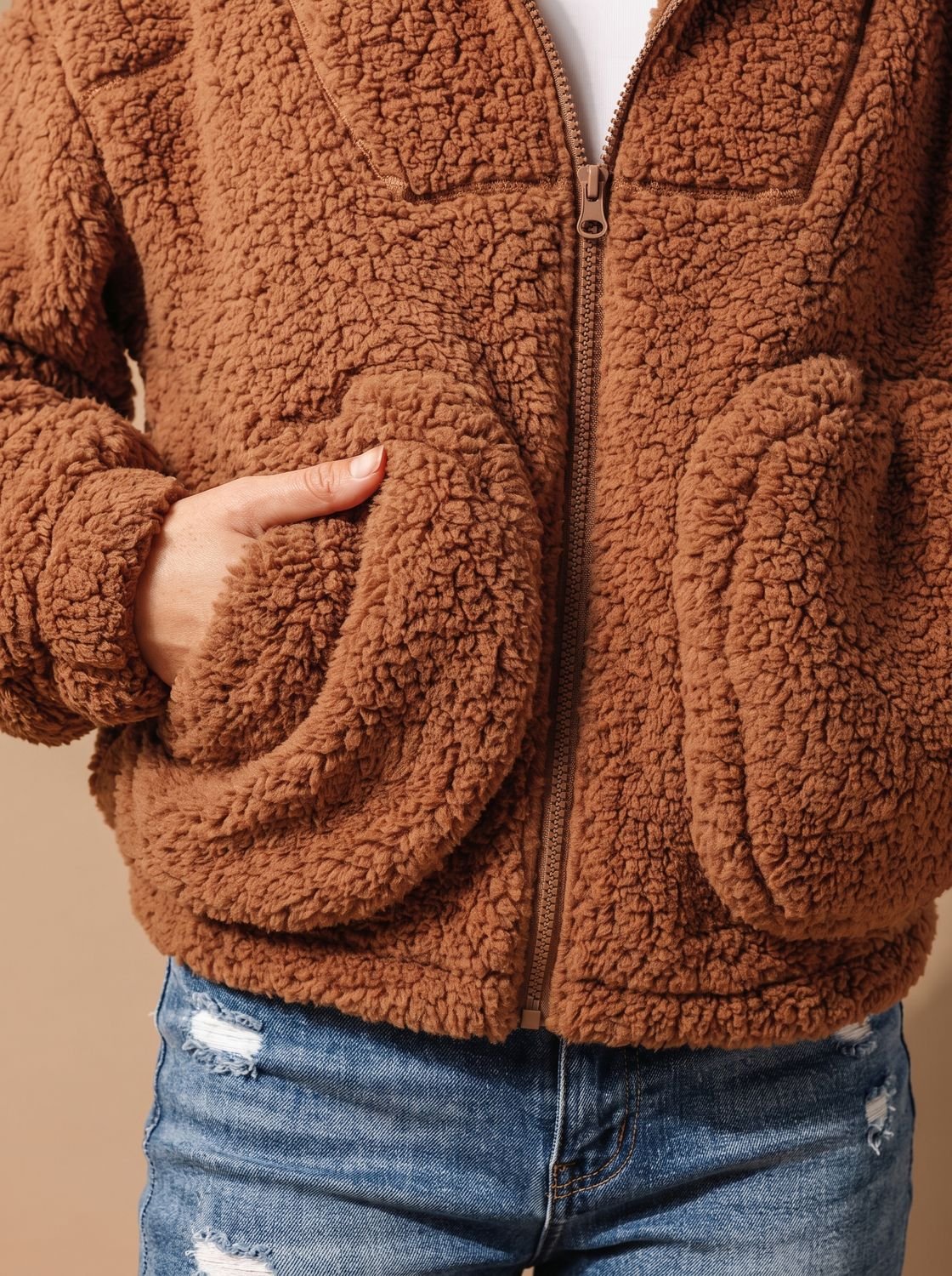 Women's Relaxed-Fit Hooded Teddy Zip Up Jacket