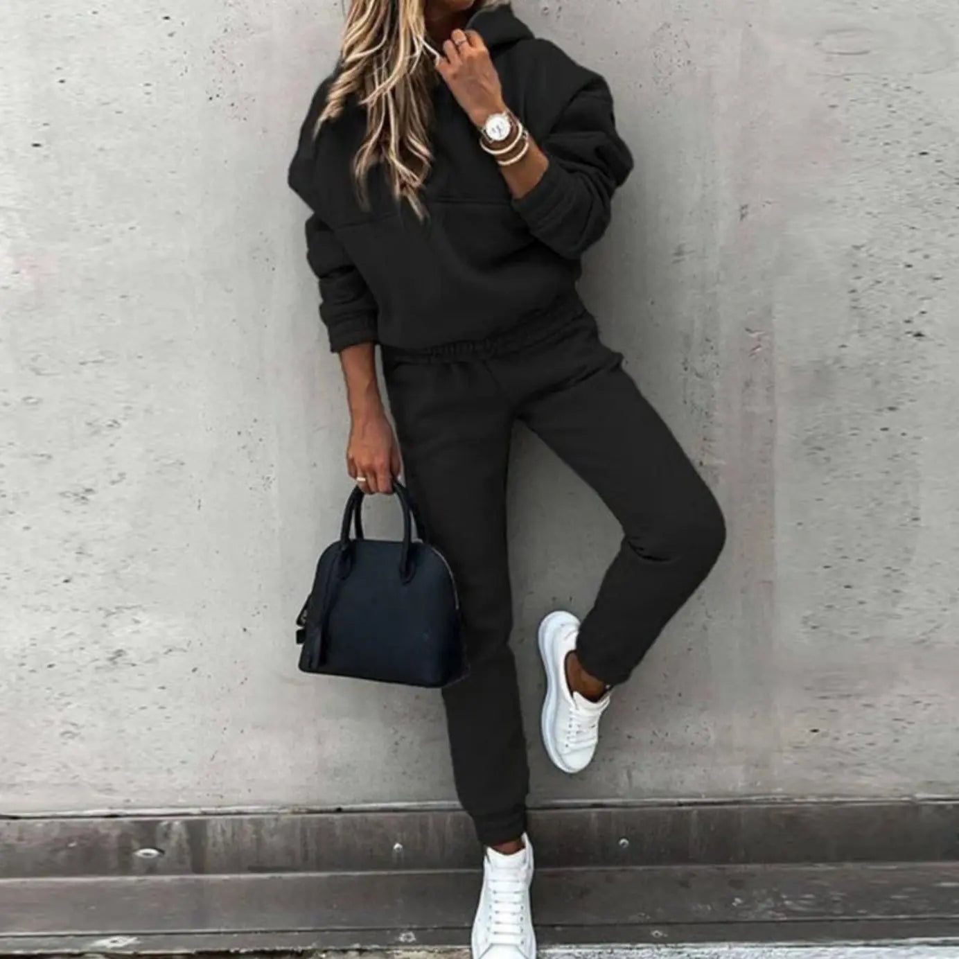Women's Relaxed Fit Hoodie Joggers Matching Tracksuit Set - Black