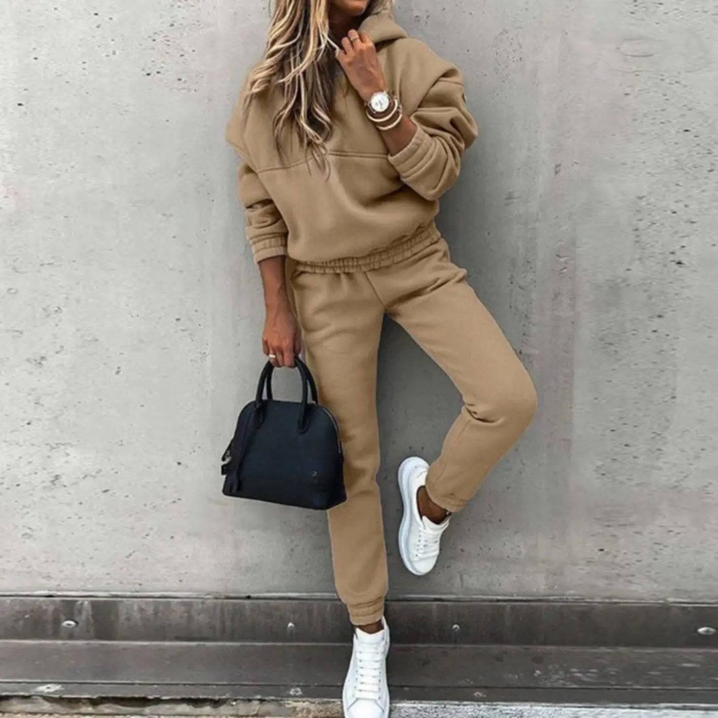 Women's Relaxed Fit Hoodie Joggers Matching Tracksuit Set - Beige