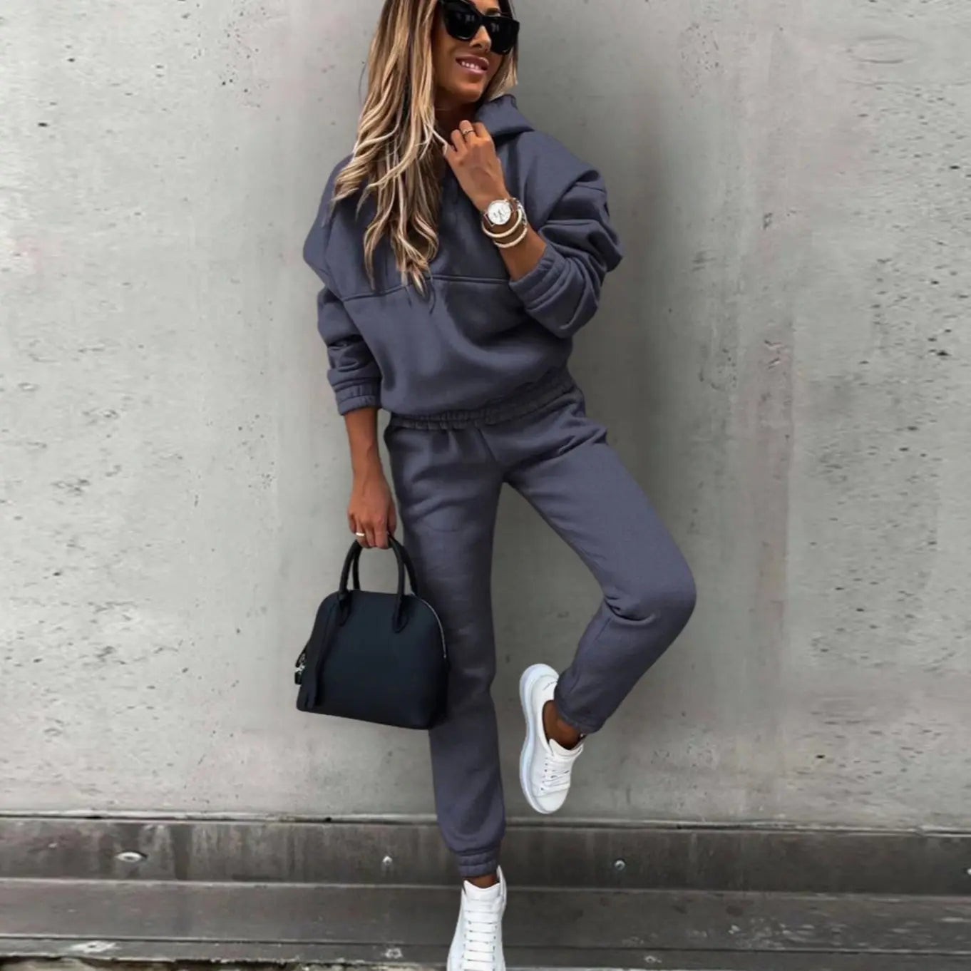 Women's Relaxed Fit Hoodie Joggers Matching Tracksuit Set - Dark Grey