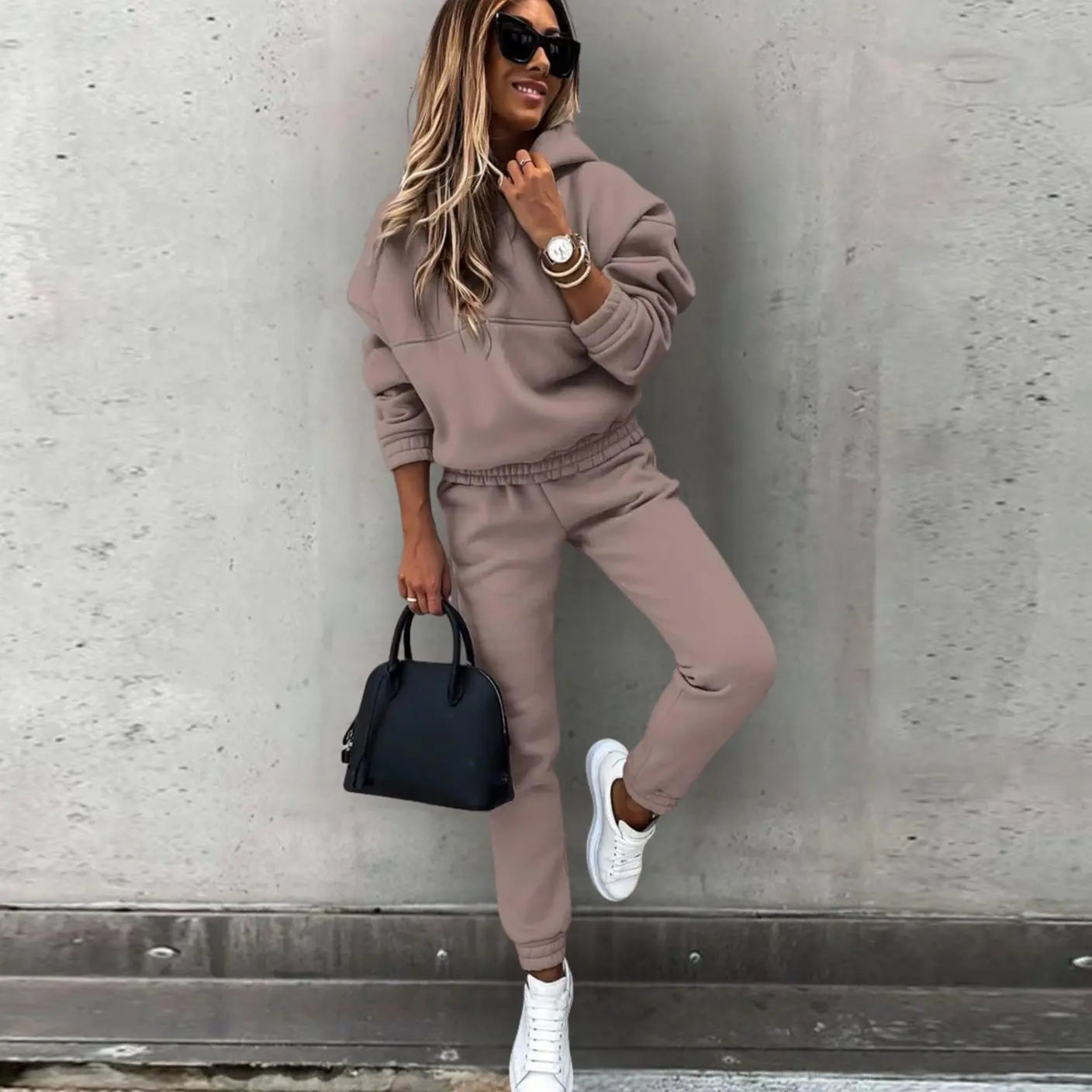 Women's Relaxed Fit Hoodie Joggers Matching Tracksuit Set - Brown