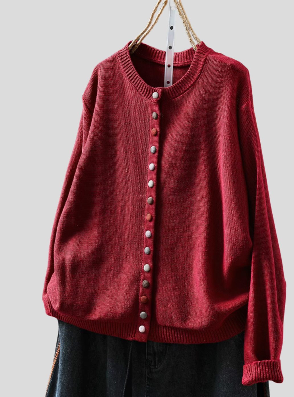 Women's Relaxed-Fit Knitted Cardigan Multicoloured Button-Down - Red