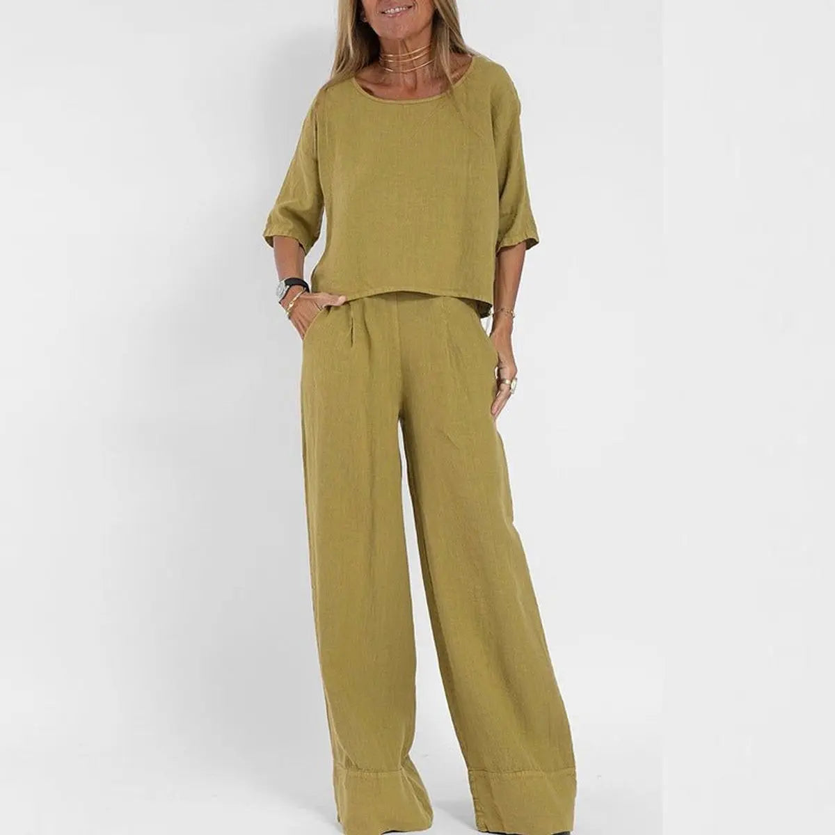Women's Relaxed-Fit Linen Blouse Wide-Leg Trouser Two-Piece Set - Yellow