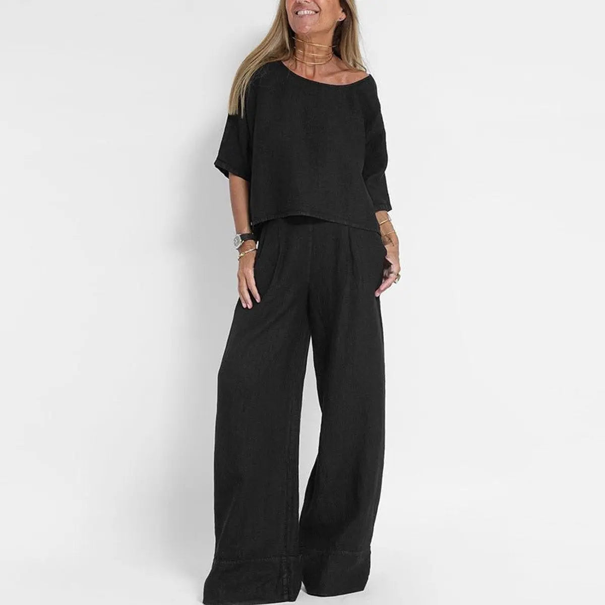 Women's Relaxed-Fit Linen Blouse Wide-Leg Trouser Two-Piece Set - Black