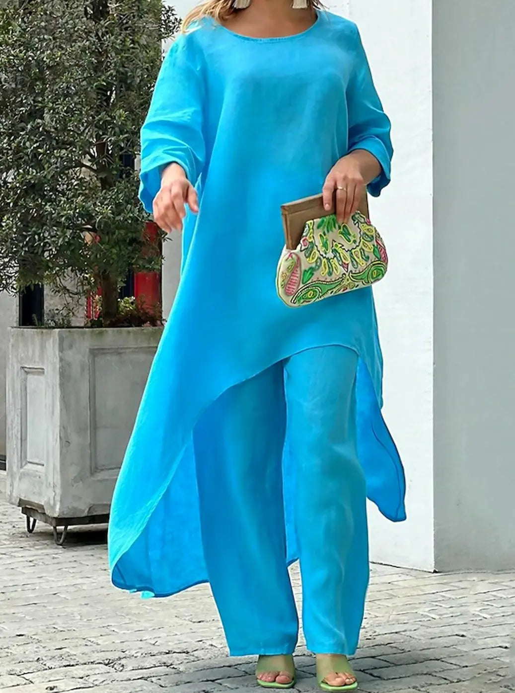 Women's Relaxed-Fit Long-Sleeve Asymmetric Hem Two-Piece Set - Blue