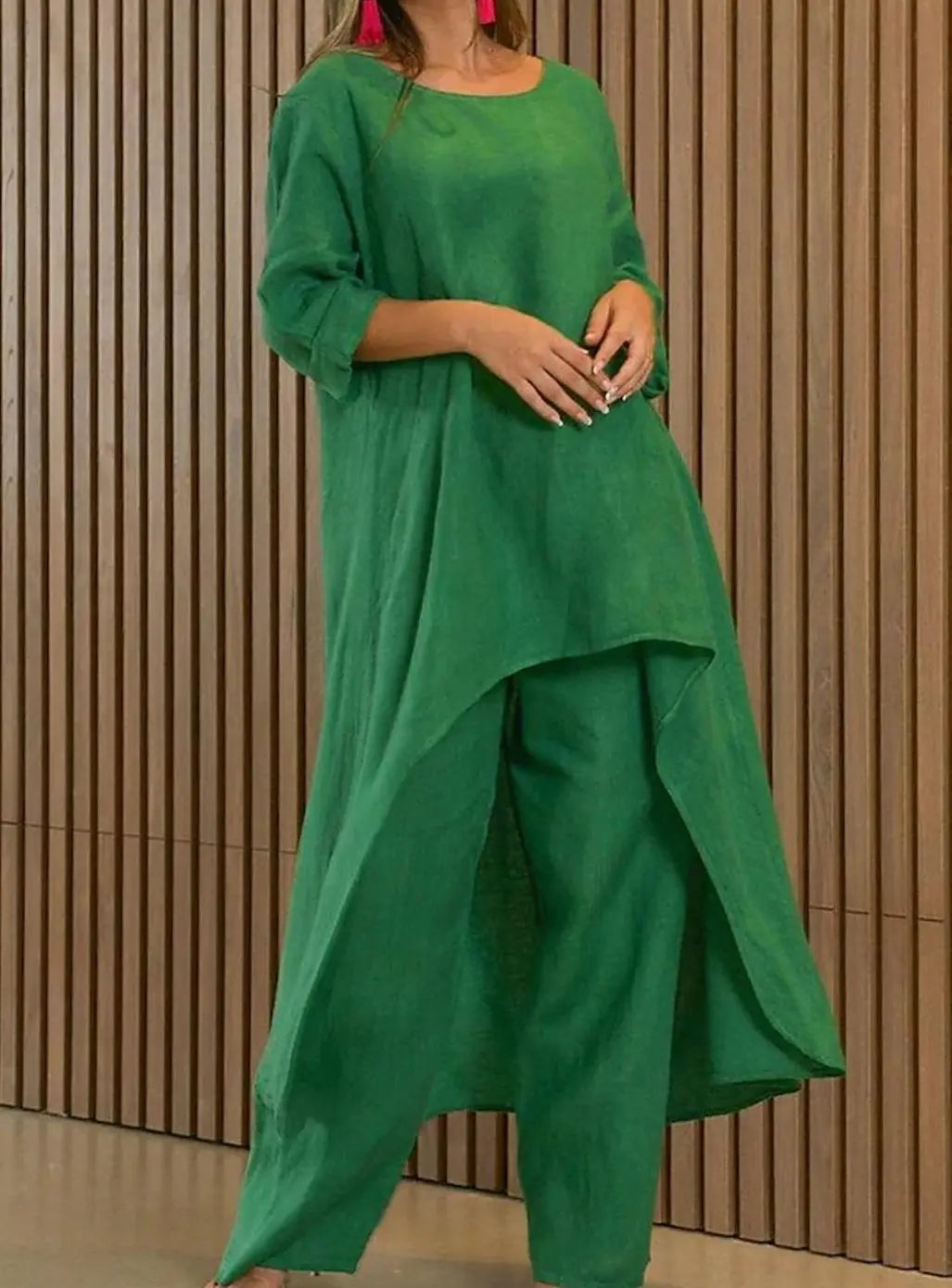 Women's Relaxed-Fit Long-Sleeve Asymmetric Hem Two-Piece Set