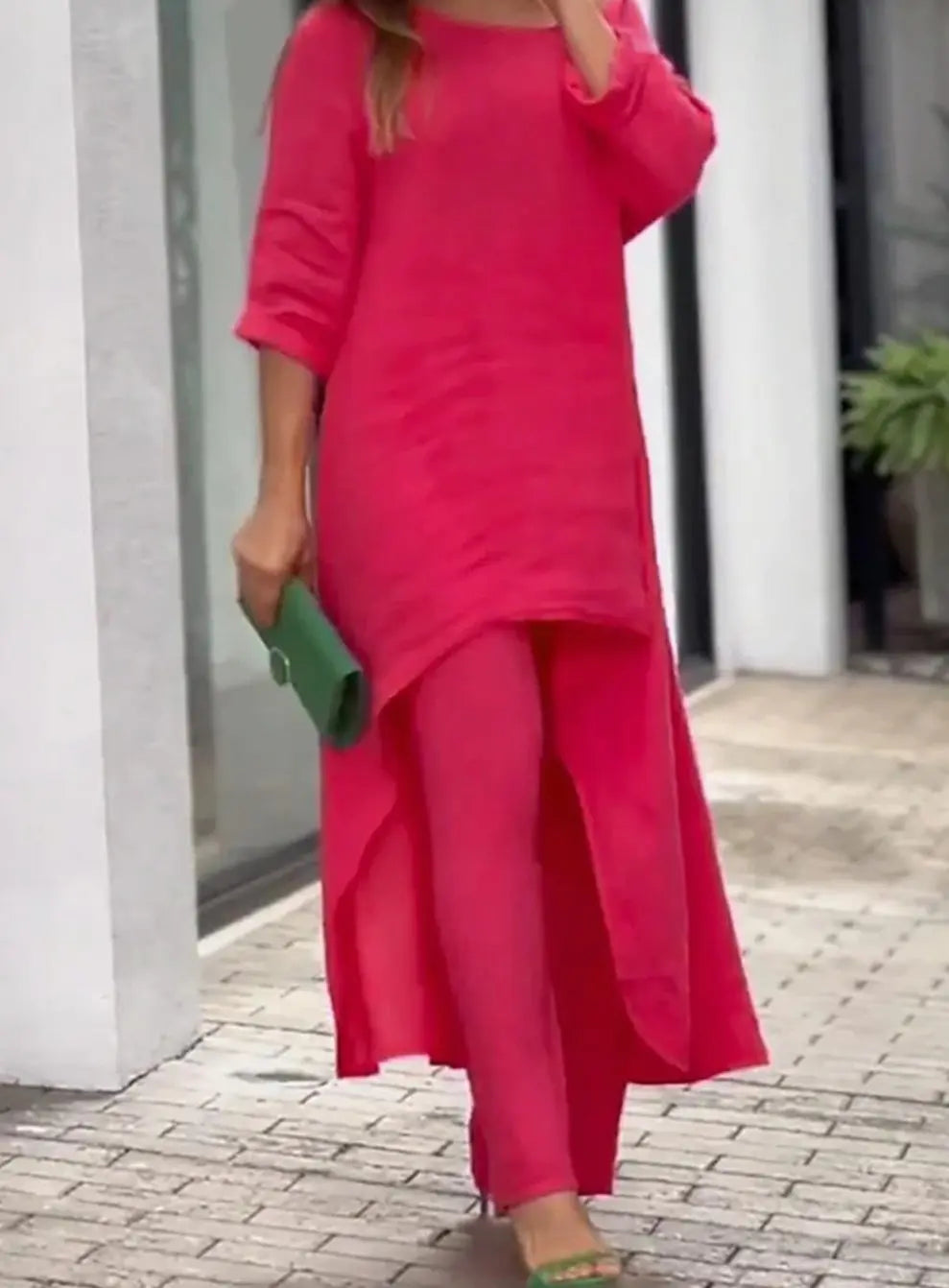 Women's Relaxed-Fit Long-Sleeve Asymmetric Hem Two-Piece Set - Red