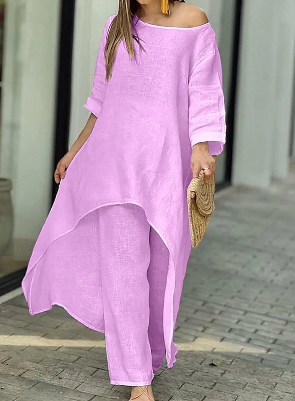 Women's Relaxed-Fit Long-Sleeve Asymmetric Hem Two-Piece Set - Purple