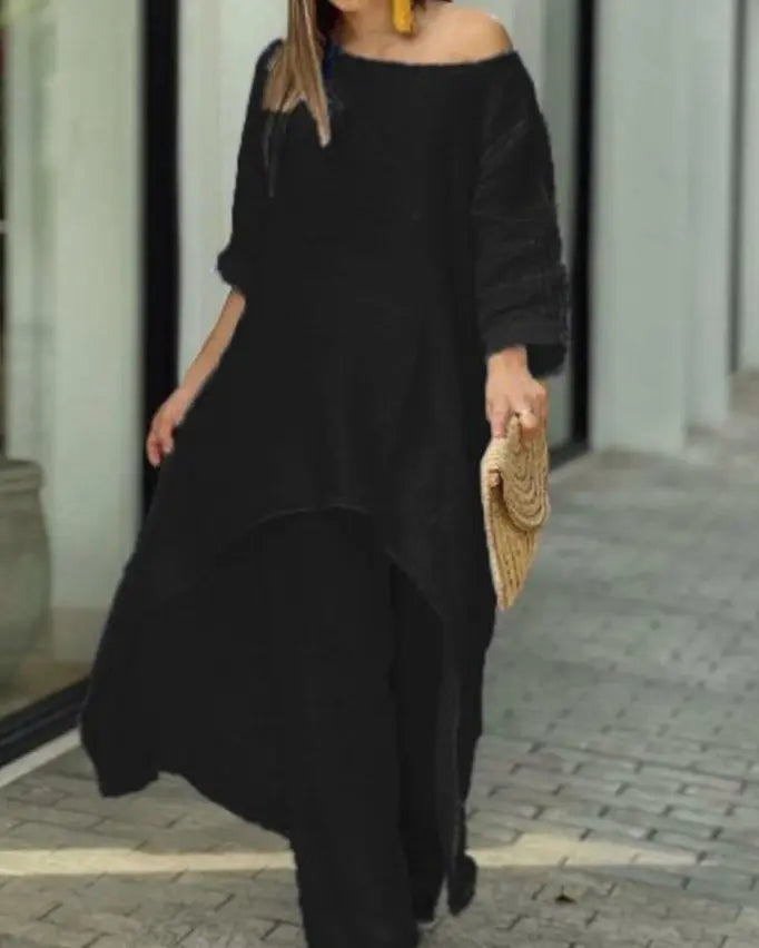 Women's Relaxed-Fit Long-Sleeve Asymmetric Hem Two-Piece Set - Black
