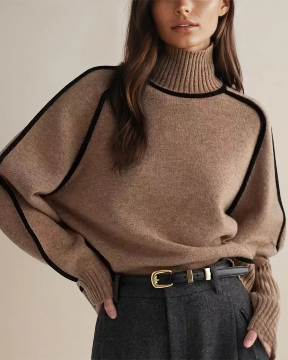 Women's Relaxed-Fit Long-Sleeve Knit Turtleneck Sweater - Brown