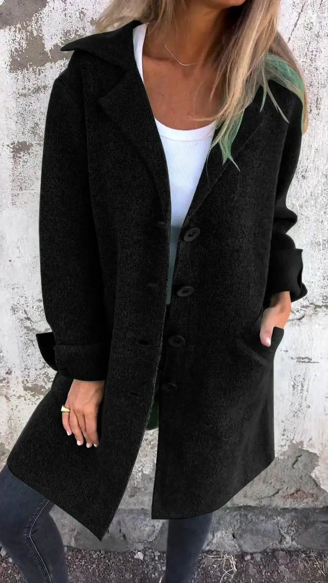 Women's Relaxed-Fit Longline Button-Up Coat Lapel Collar - Black