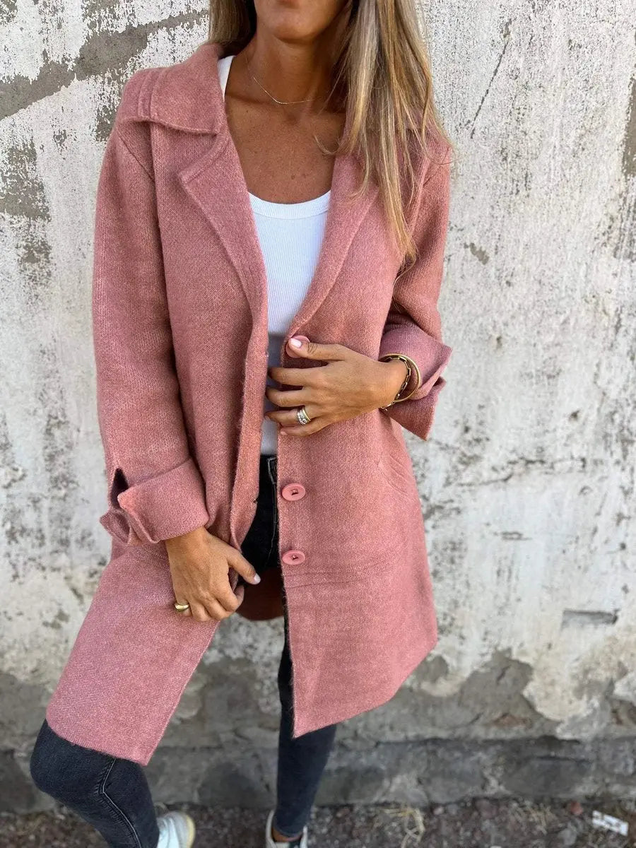 Women's Relaxed-Fit Longline Button-Up Coat Lapel Collar - Pink