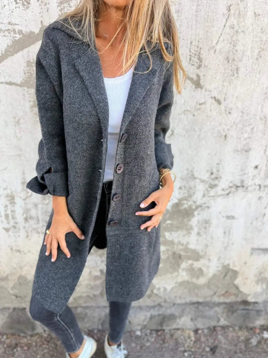 Women's Relaxed-Fit Longline Button-Up Coat Lapel Collar - Grey