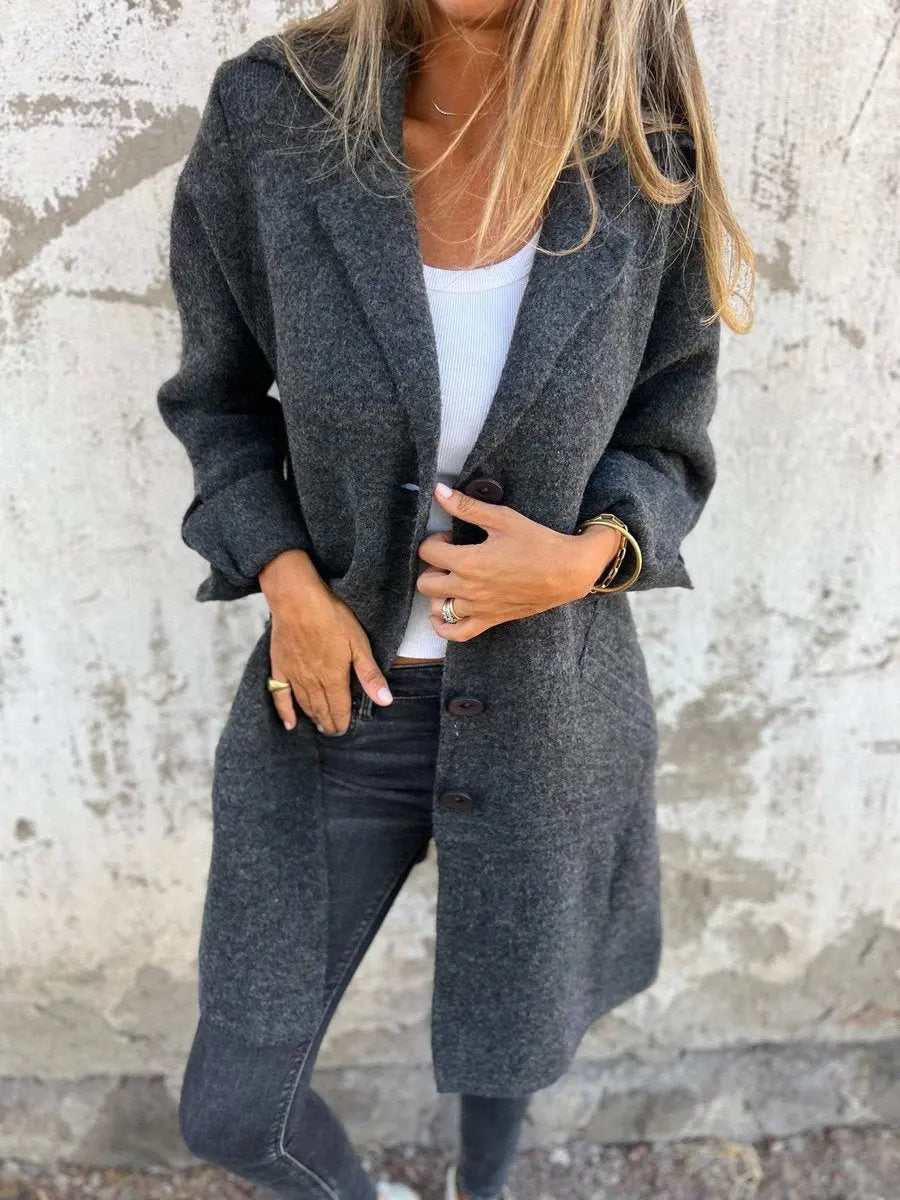 Women's Relaxed-Fit Longline Button-Up Coat Lapel Collar