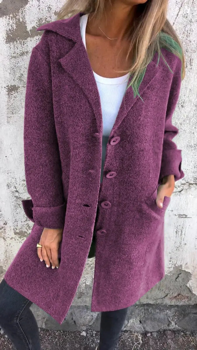 Women's Relaxed-Fit Longline Button-Up Coat Lapel Collar - Purple