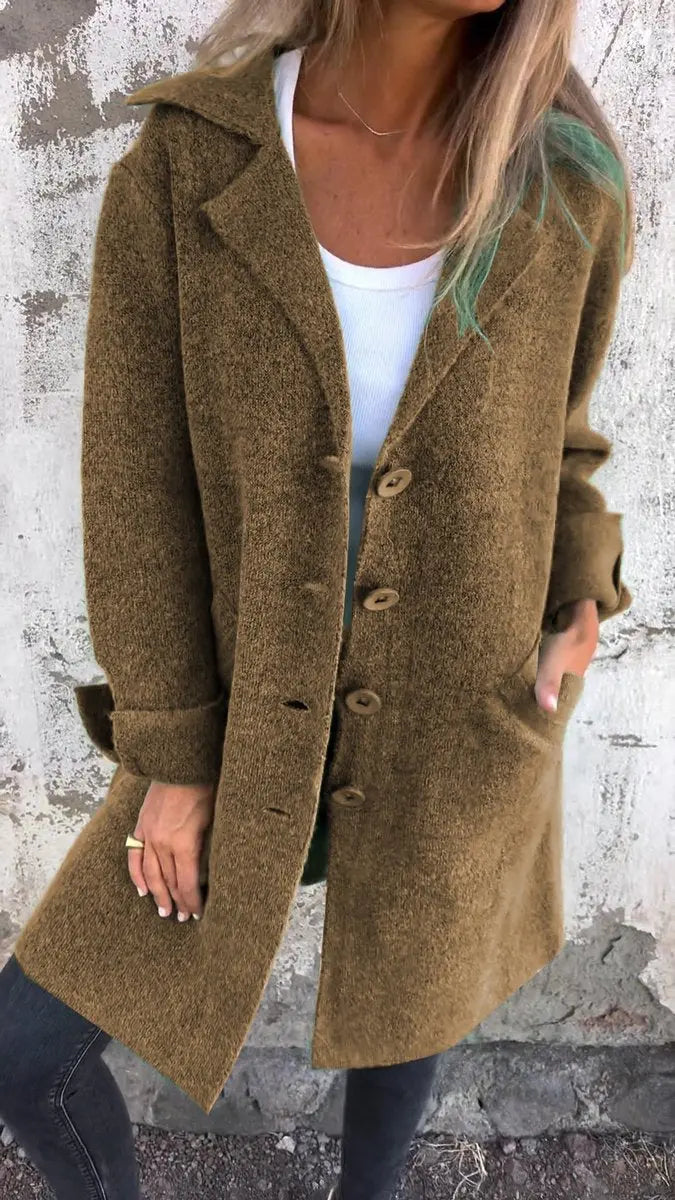 Women's Relaxed-Fit Longline Button-Up Coat Lapel Collar - Brown