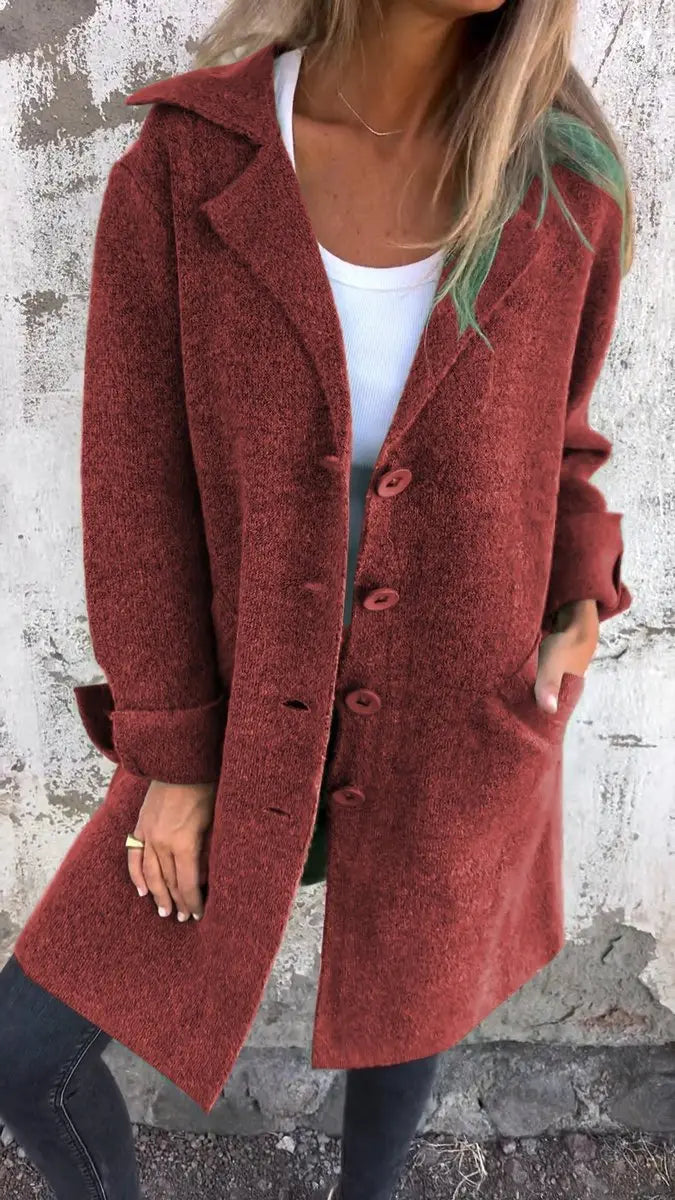 Women's Relaxed-Fit Longline Button-Up Coat Lapel Collar - Red