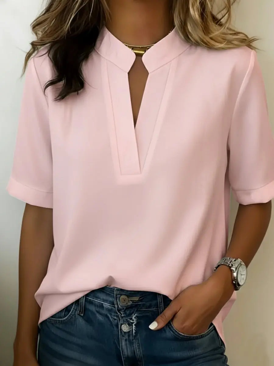 Women's Relaxed-Fit Notched V-Neck Short-Sleeve Blouse Jumper Top - Pink