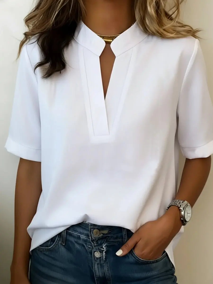Women's Relaxed-Fit Notched V-Neck Short-Sleeve Blouse Jumper Top - White