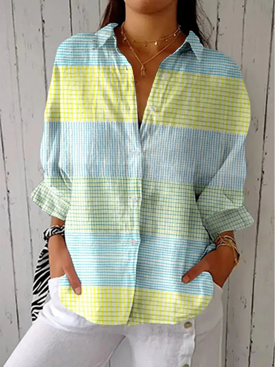 Women's Relaxed-Fit Pastel Grid Button-Front Blouse - Multicolour