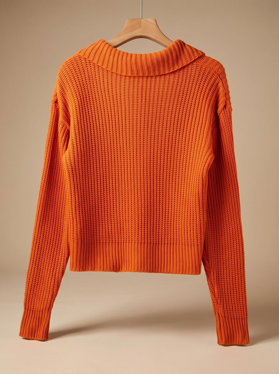 Women's Relaxed-Fit Ribbed Knit Folded Collar Pullover Jumper - Orange-Red