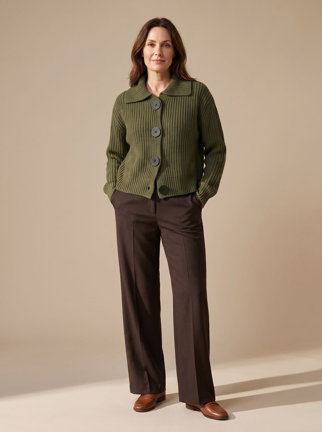 Women's Relaxed-Fit Ribbed Knit Folded Collar Pullover Jumper - Fern Green