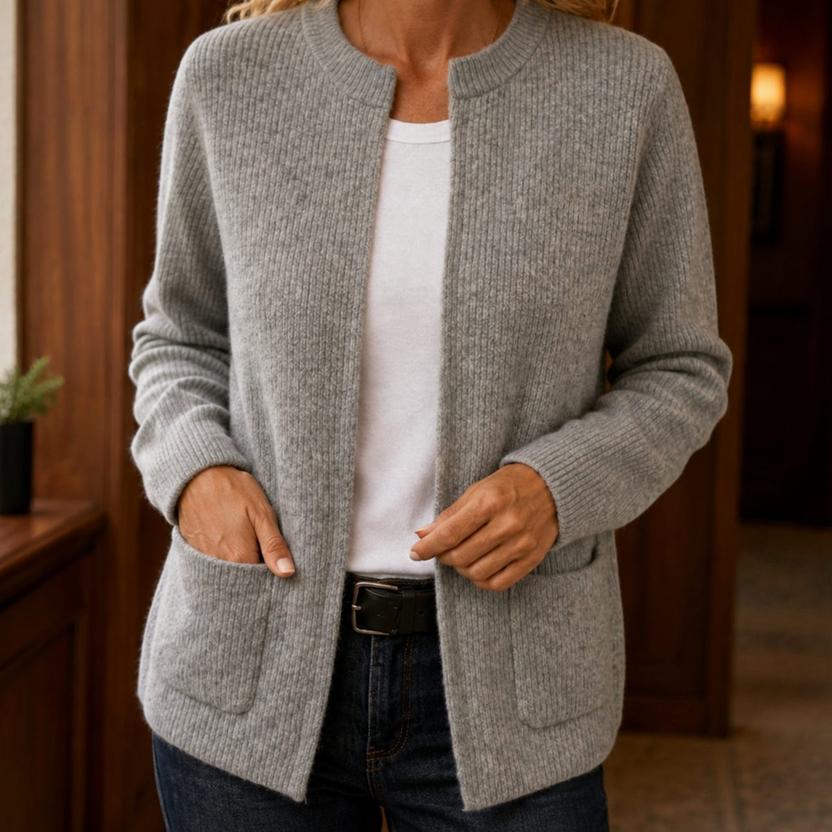 Women's Relaxed-Fit Ribbed Open-Front Cardigan with Patch Pockets - Grey