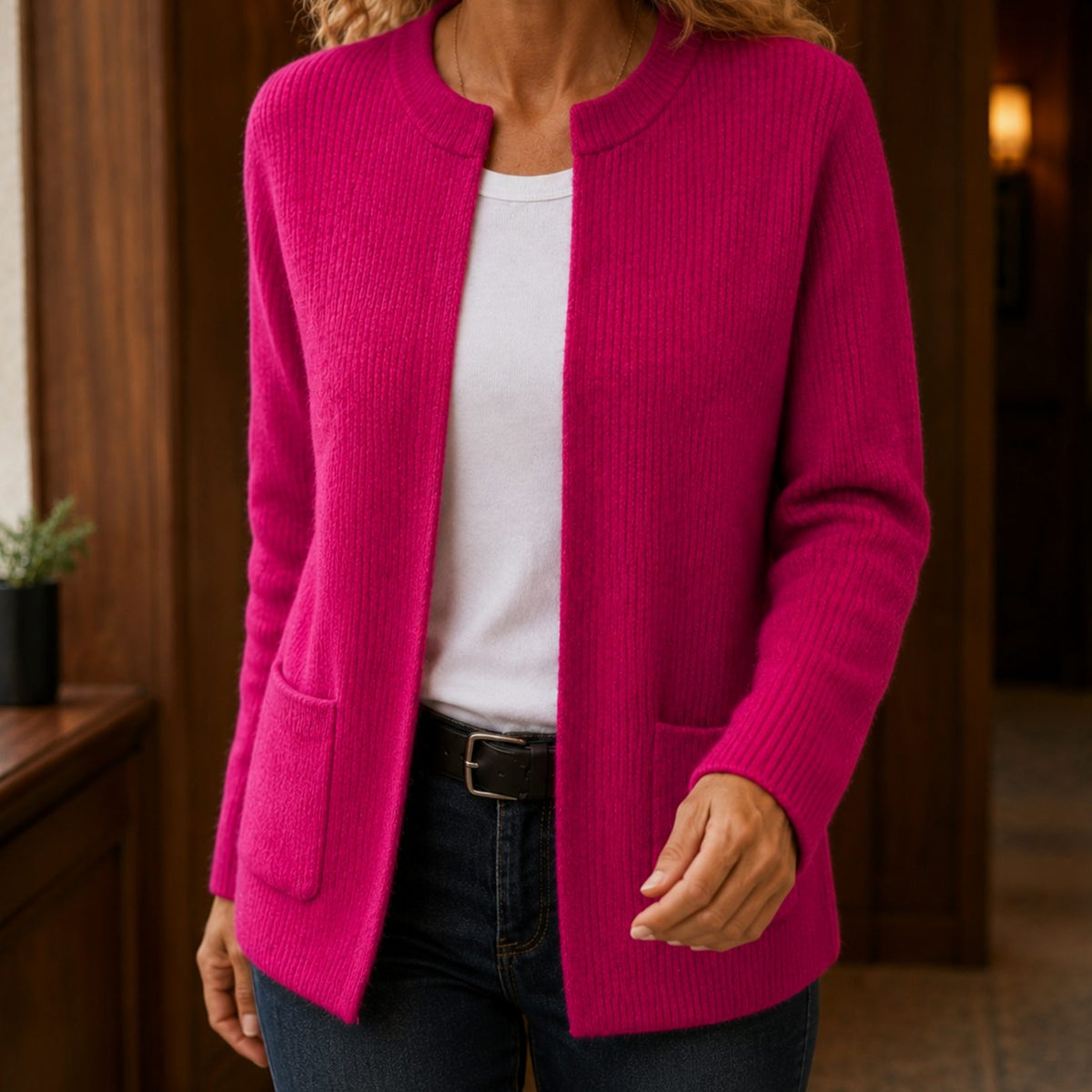 Women's Relaxed-Fit Ribbed Open-Front Cardigan with Patch Pockets - Pink