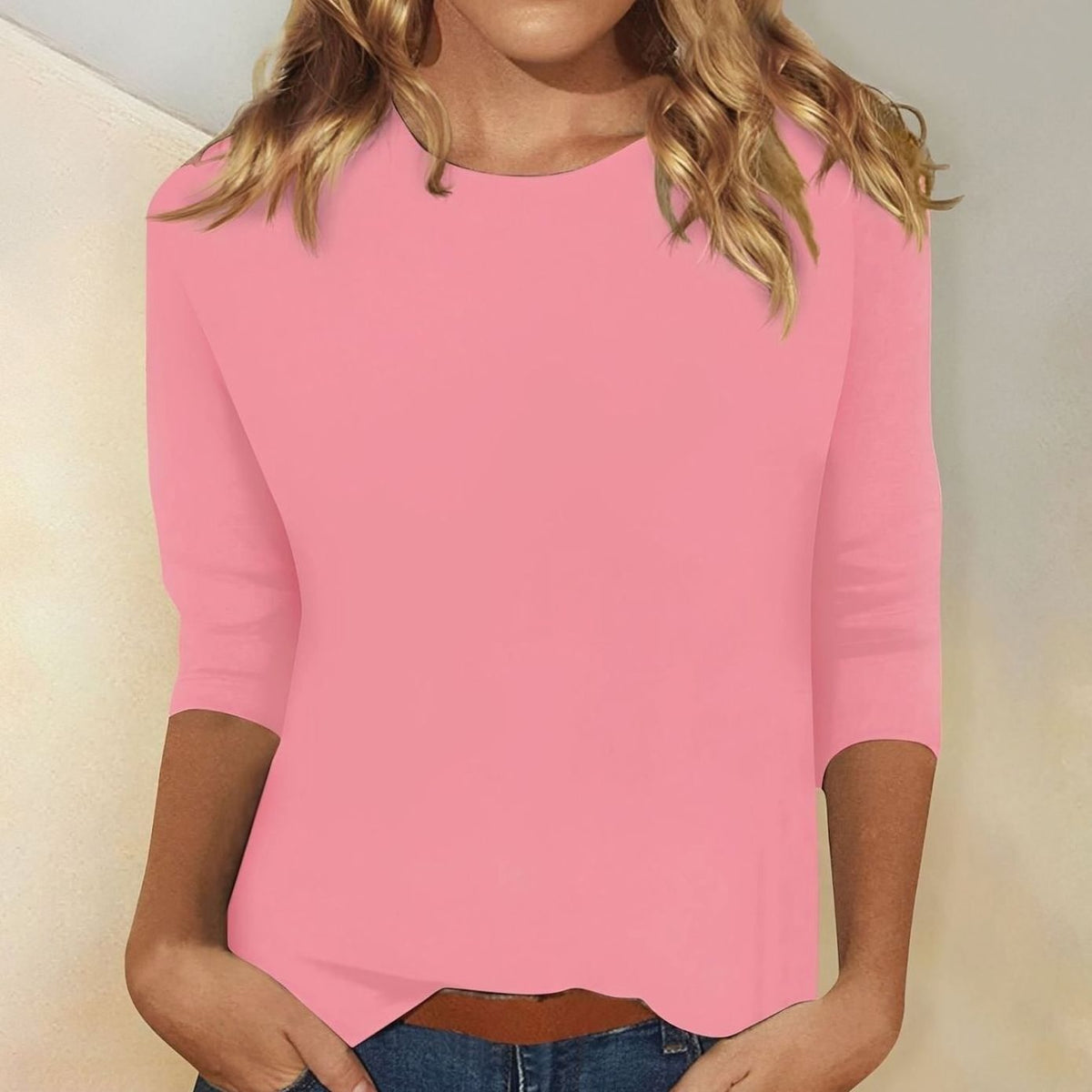 Women's Relaxed-Fit Round-Neck 3/4 Sleeve Casual Top - Pink