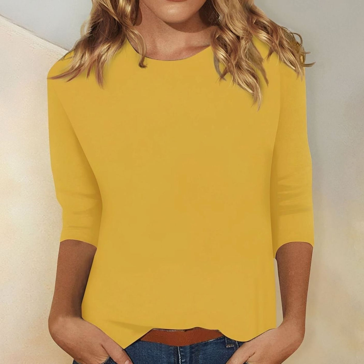 Women's Relaxed-Fit Round-Neck 3/4 Sleeve Casual Top - Yellow