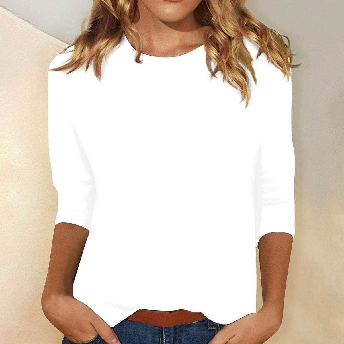 Women's Relaxed-Fit Round-Neck 3/4 Sleeve Casual Top - White