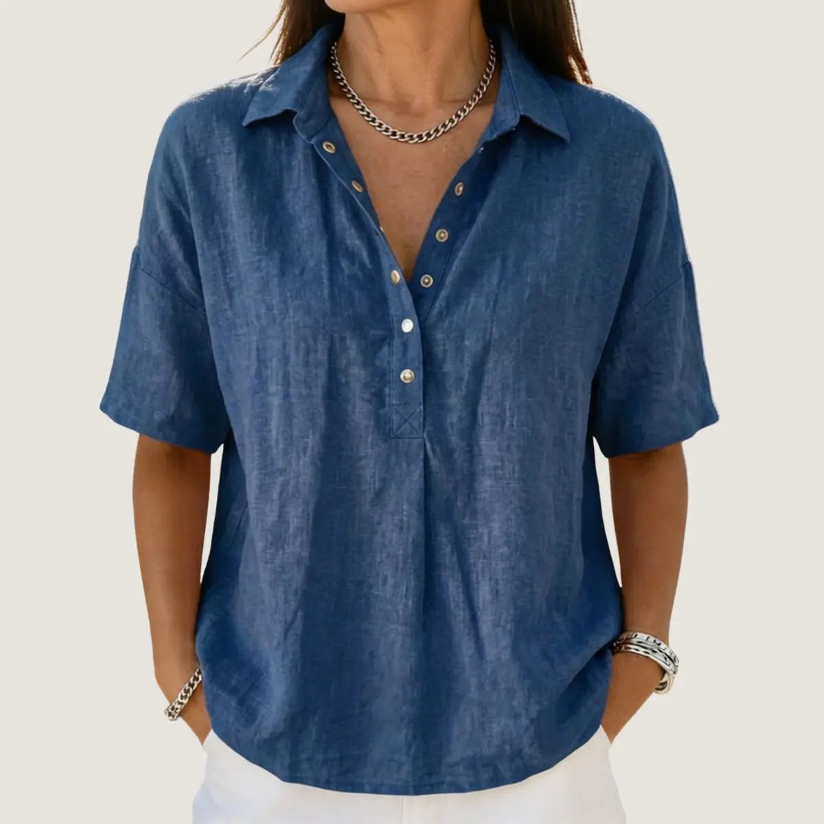 Women's Relaxed-Fit Short-Sleeve Collared Linen Shirt