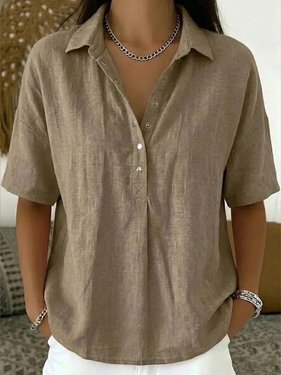 Women's Relaxed-Fit Short-Sleeve Collared Linen Shirt - Khaki