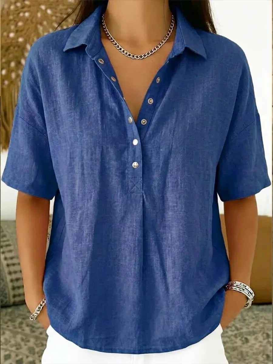 Women's Relaxed-Fit Short-Sleeve Collared Linen Shirt - Blue