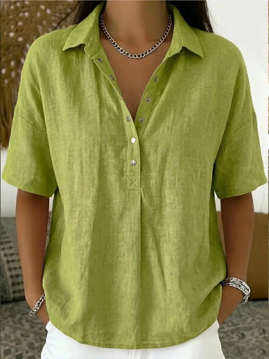 Women's Relaxed-Fit Short-Sleeve Collared Linen Shirt - Green