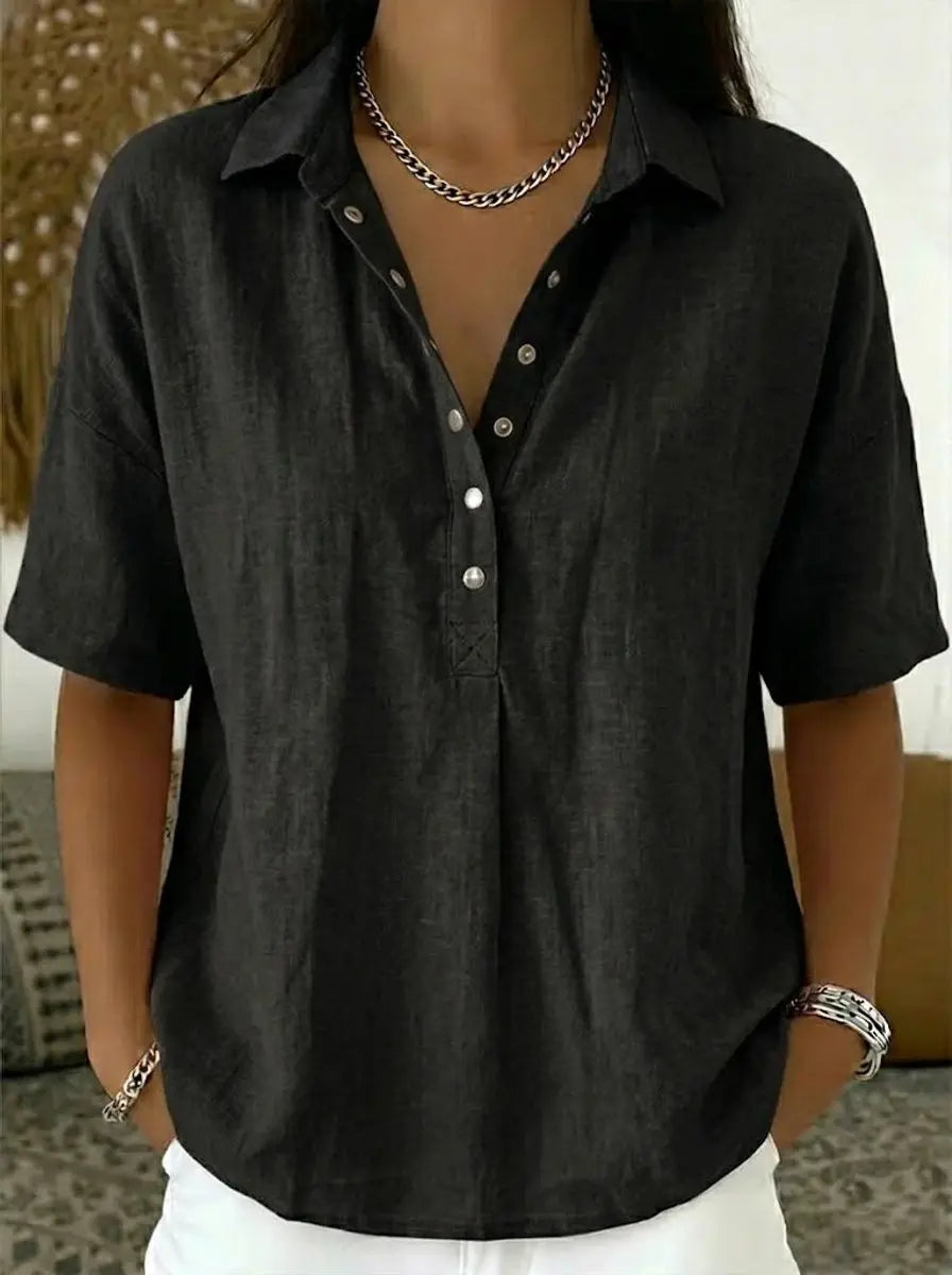Women's Relaxed-Fit Short-Sleeve Collared Linen Shirt - Black