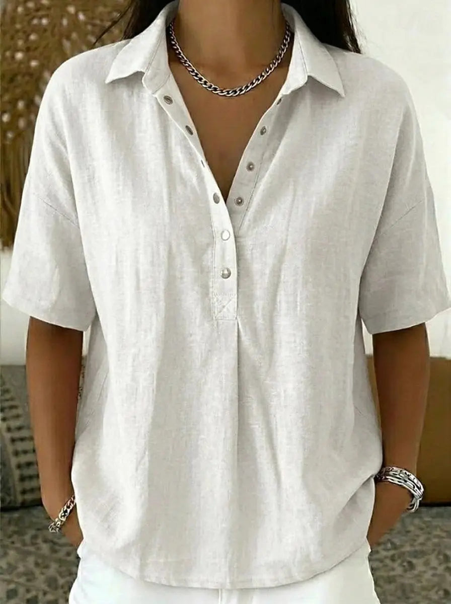 Women's Relaxed-Fit Short-Sleeve Collared Linen Shirt - White