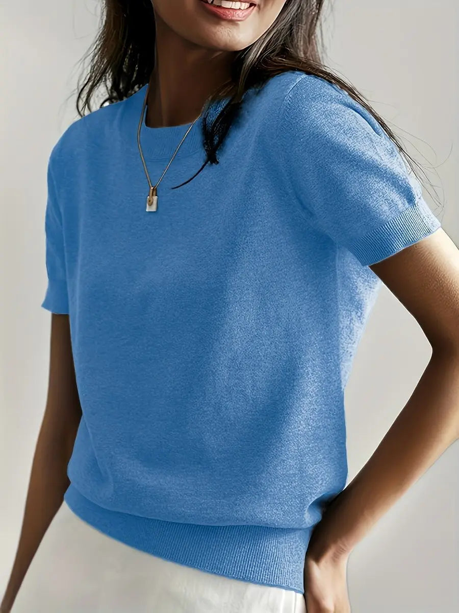 Women's Relaxed Fit Short Sleeve Knit Sweater Top - Blue