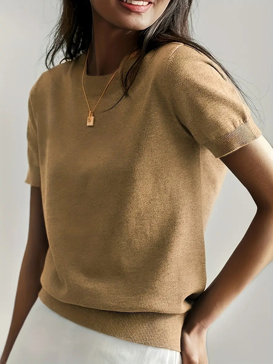 Women's Relaxed Fit Short Sleeve Knit Sweater Top - Earthy Gold