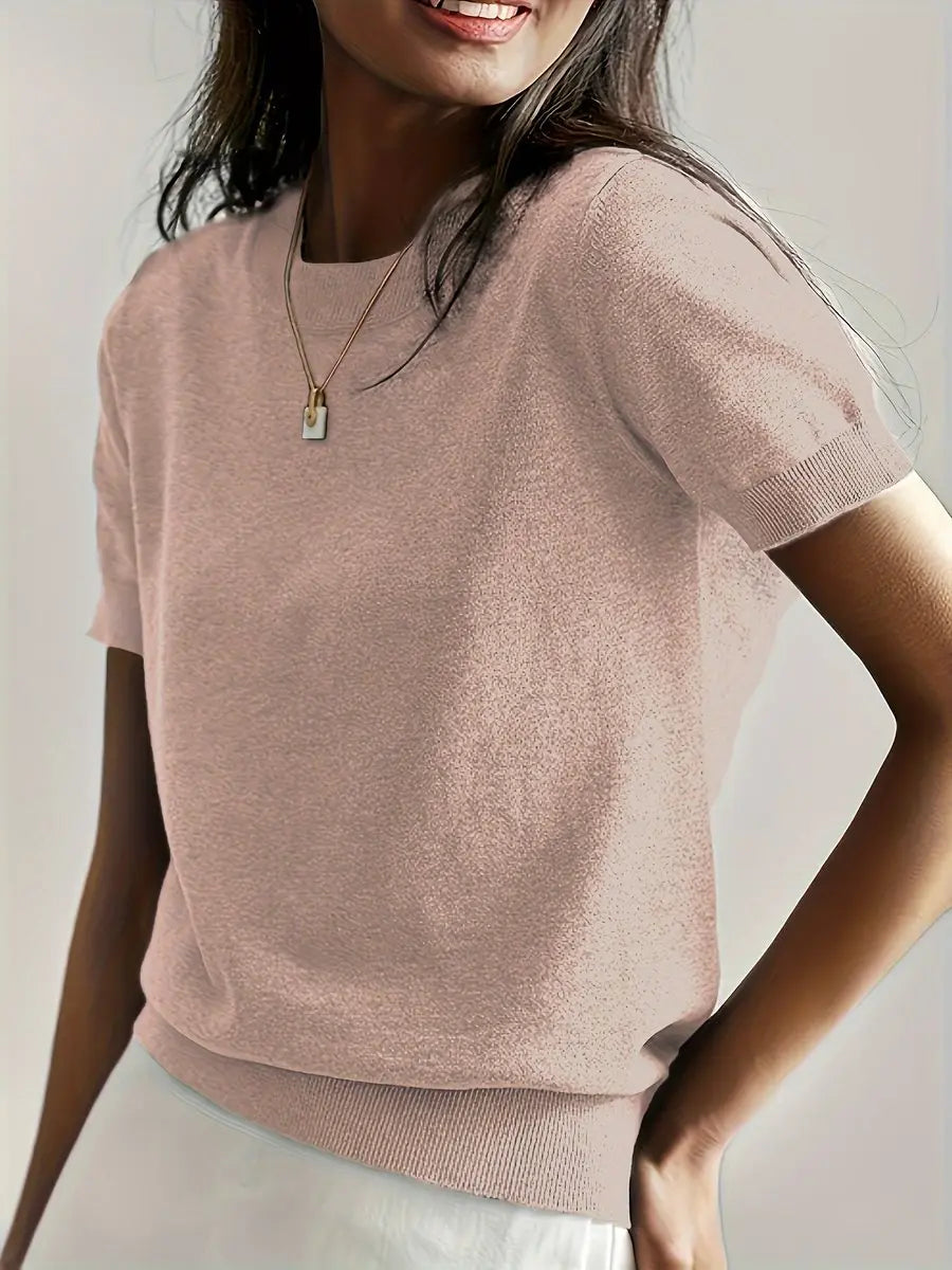 Women's Relaxed Fit Short Sleeve Knit Sweater Top - Peach