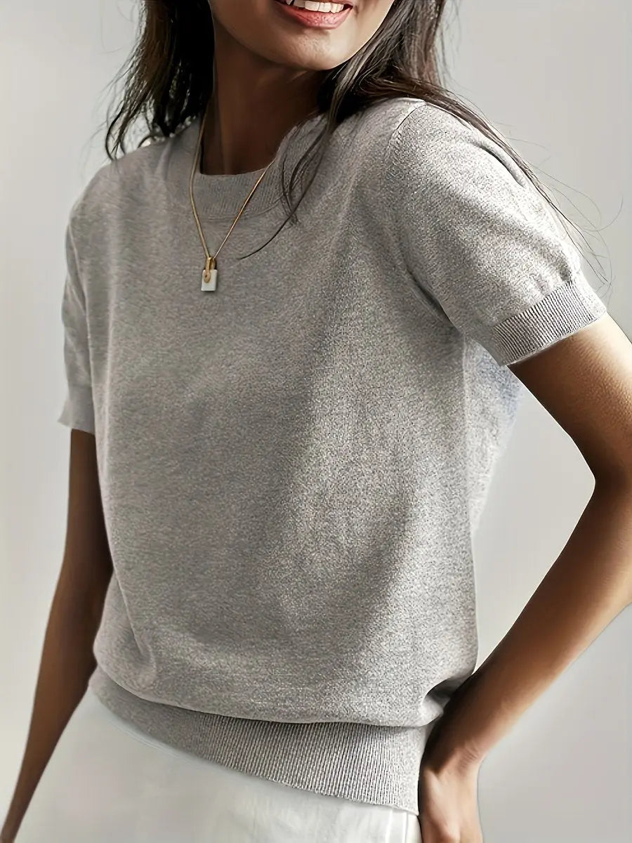 Women's Relaxed Fit Short Sleeve Knit Sweater Top - Light Grey