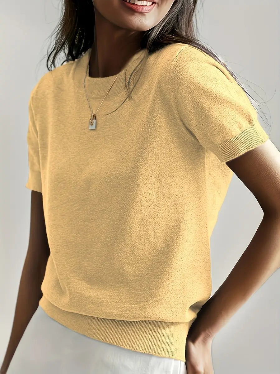 Women's Relaxed Fit Short Sleeve Knit Sweater Top - Yellow