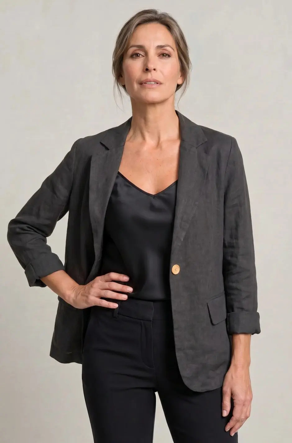 Women's Relaxed-Fit Single-Button Linen Blazer Jacket - Black