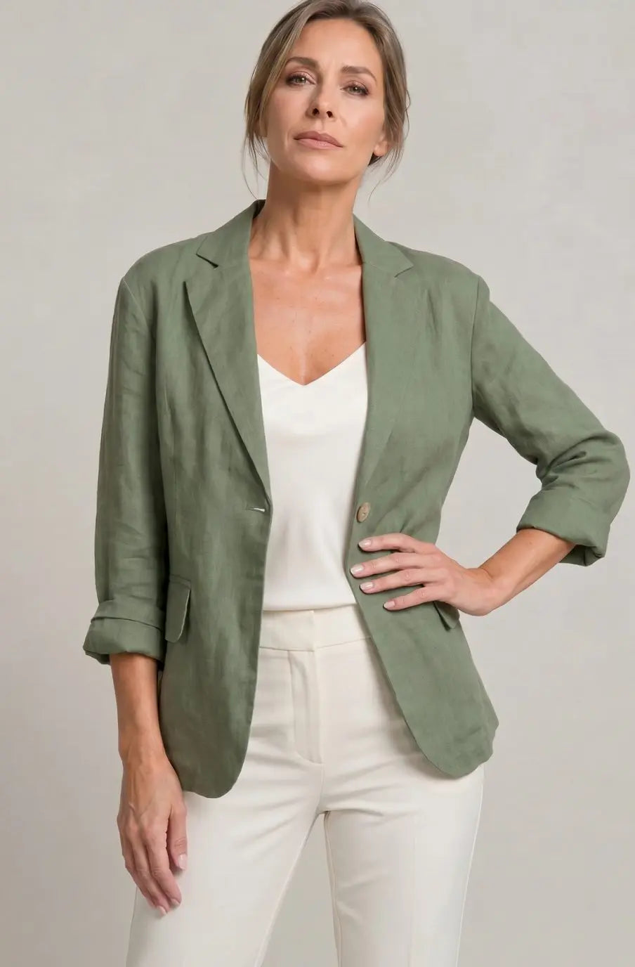 Women's Relaxed-Fit Single-Button Linen Blazer Jacket - Green