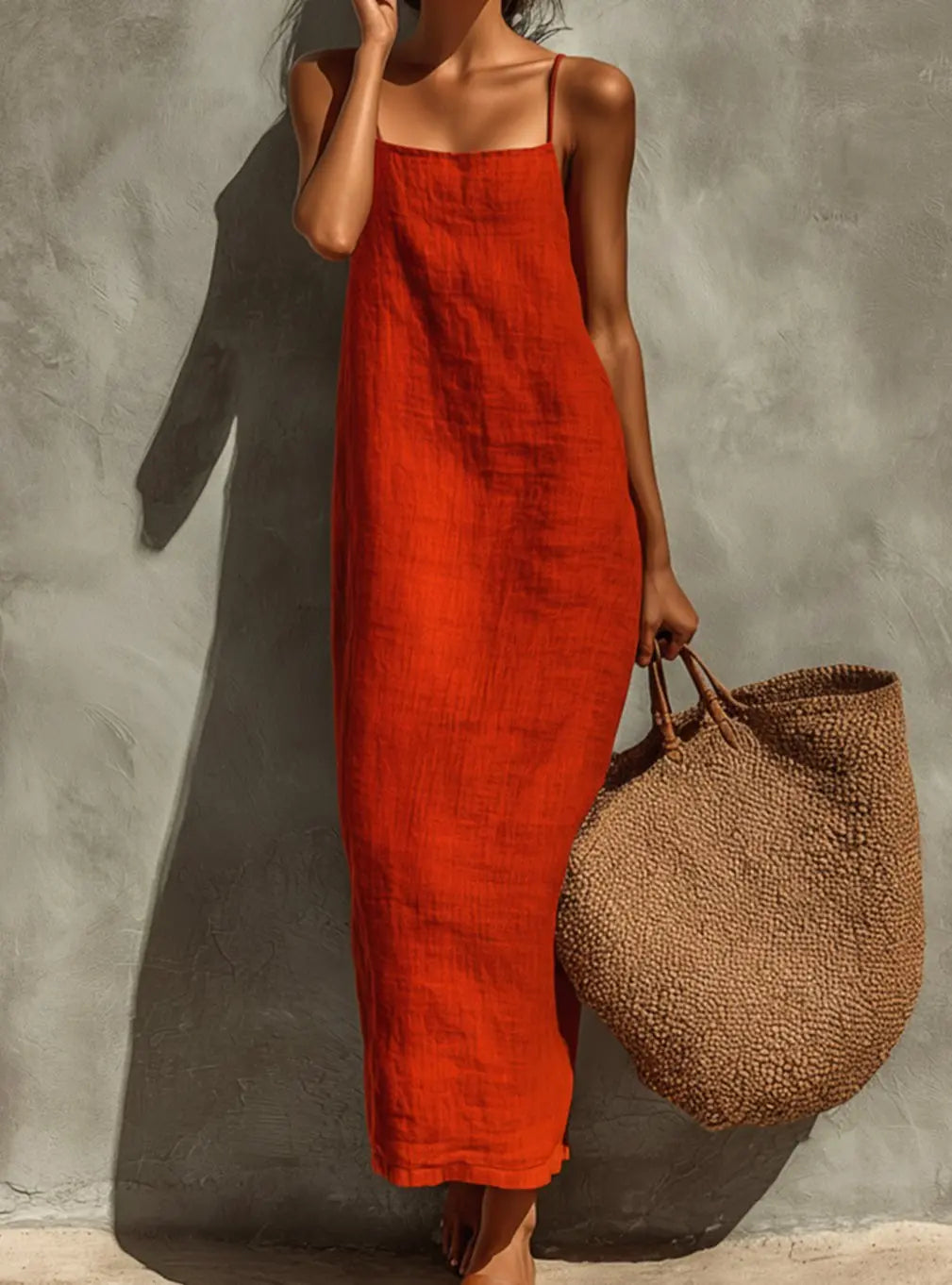 Women's Relaxed-Fit Square-Neck Spaghetti Strap Maxi Dress - Red